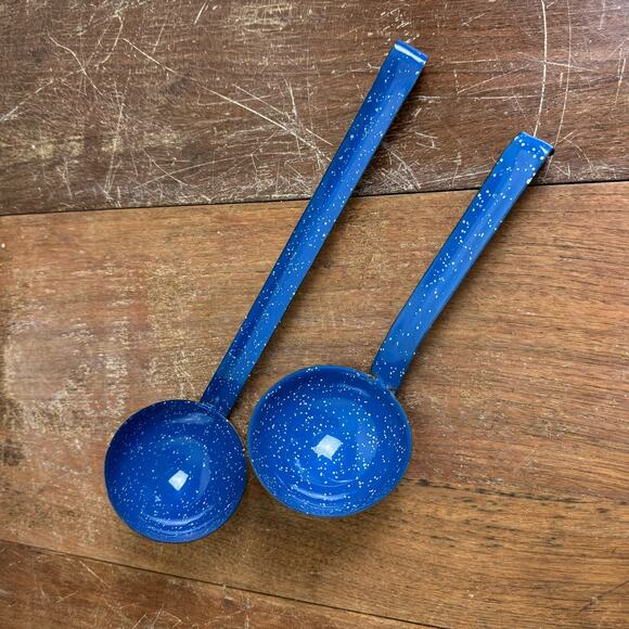 Vintage Blue White Speckled‎ Enamel Graniteware Two 2 Ladles long & short handle - Picture 1 of 6